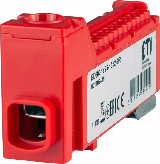 Imagine BLOC DISTRIBUTIE 1P, (1* 25+13*2.5)MMP/14GAURI, 63A 1000V AC/1500DC ROSU EDBC-1X25-13X2,5/R