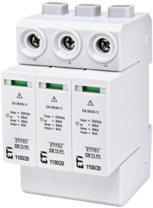 Imagine DESCARCATOR SUPRATENSIUNI, TIP T2, 2P 3MD, 1100VDC, SPD, MOV, II / C, PV, 20KA/MAX 40KA,