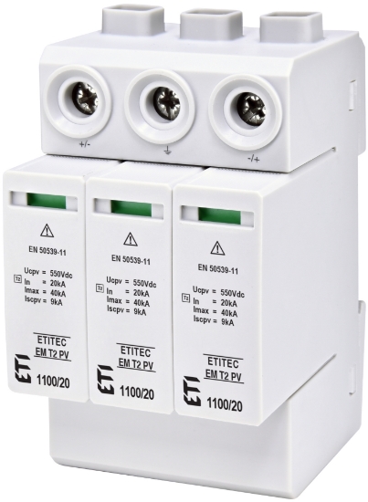 Imagine DESCARCATOR SUPRATENSIUNI, TIP T2, 2P 3MD, 1100VDC, SPD, MOV, II / C, PV, 20KA/MAX 40KA,