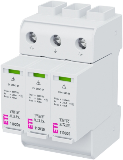 Imagine DESCARCATOR SUPRATENSIUNI, TIP T2, 2P 3MD, 1100VDC, SPD, MOV, II / C, PV, 20KA/MAX 40KA, RC,